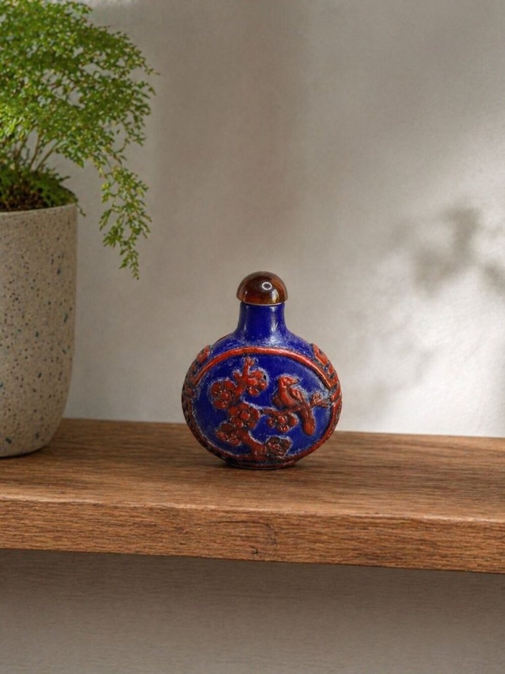 Chinese Snuff Bottle Blue Red Porcelain Relief Bird Floral 2.5" - Picture 10 of 10